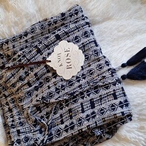 Knox Rose Blue & White Geometric Patterned Wide Leg Lounge Pant with Tie Waist